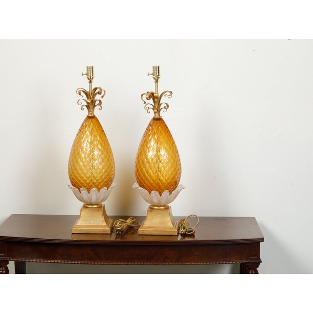 Mid 20th Century Pair of Venetian Murano Glass Pineapple Style Table Lamps with Gilt Scrolls For Sale - Image 5 of 8