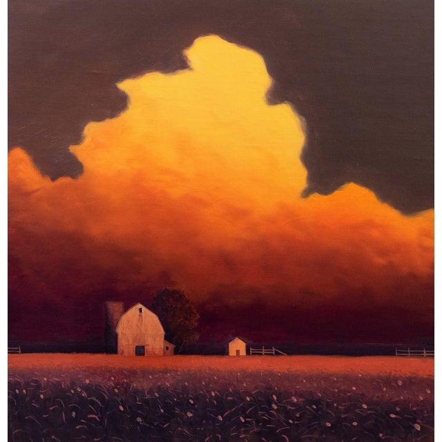 Summer Evening by Michael Miller | Oil on Panel Landscape with barns under a dramatic sky For Sale