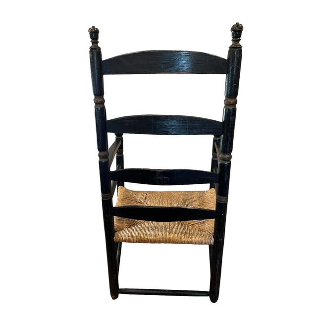 18th Century 18th Century Ladder-Back Chairs with Curve-Top Slat-Back, Black Paint With Gold Colored Accents, Rush Seat, Hand-Turned Finials and Mushroom Handholds For Sale - Image 5 of 12