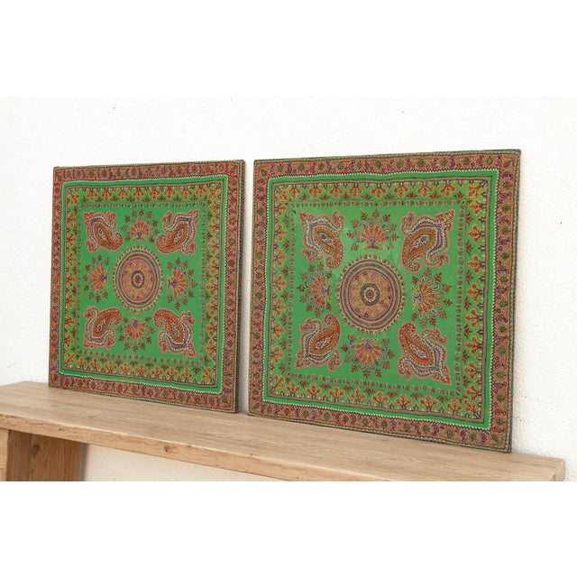 Indian Set of 2 Vintage Mounted Verdant Paisley Textiles For Sale - Image 3 of 6
