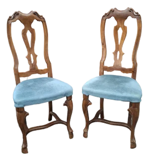Late 20th Century Pair Italian Provincial Style Carved Walnut and Upholstered Side Chairs