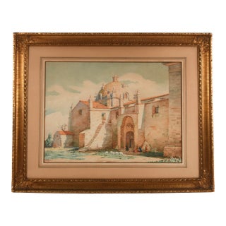 Framed Signed A. Velandoa Peruvian Church Watercolor Painting For Sale