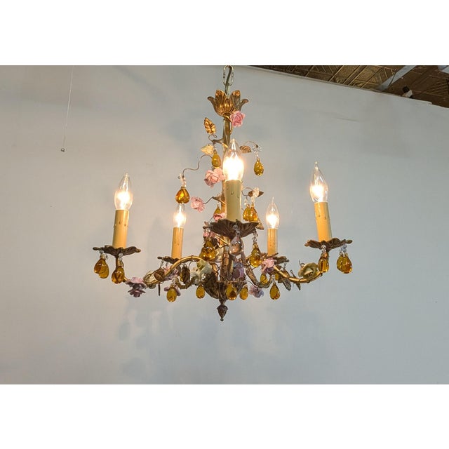 1940 French Tole Bronze With Ceramic Flowers Chandelier For Sale In New York - Image 6 of 8