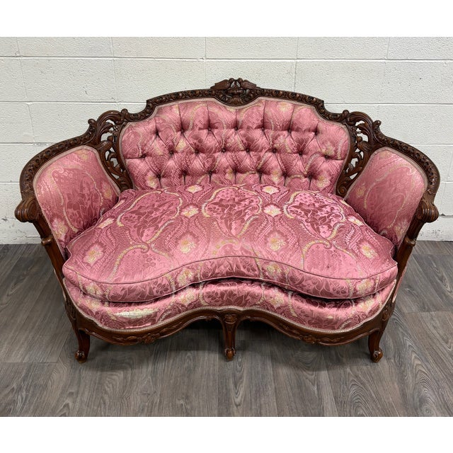 Rococo Antique Victorian Rococo Revival French Louis XV Carved Walnut Loveseat Settee For Sale - Image 3 of 16