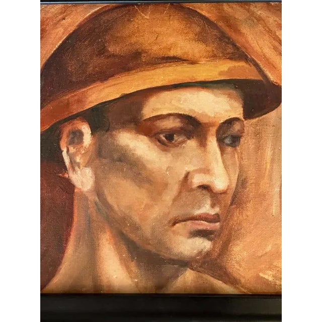 Expressionism Watercolor Portrait of a Soldier in a Large Black Frame For Sale - Image 3 of 4
