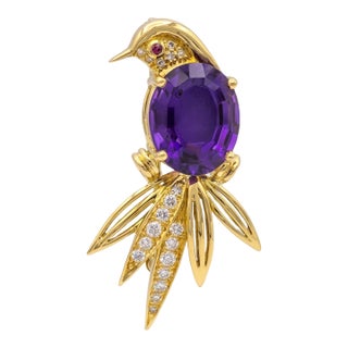 Tiffany & Co 18k Yellow Gold Amethyst Diamond Ruby Bird of Paradise Brooch 1988 For Sale