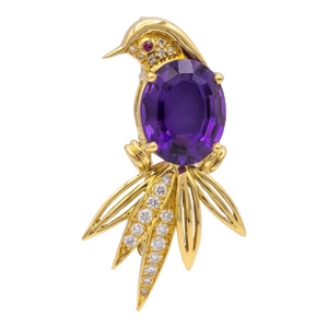 Tiffany & Co 18k Yellow Gold Amethyst Diamond Ruby Bird of Paradise Brooch 1988
