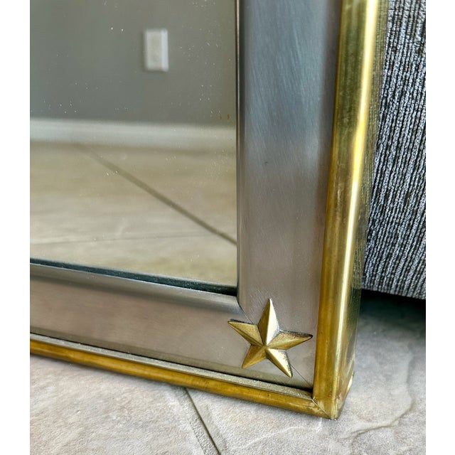 French Directoire Style Brushed Steel and Brass Wall Mirror Star Accents For Sale - Image 10 of 18