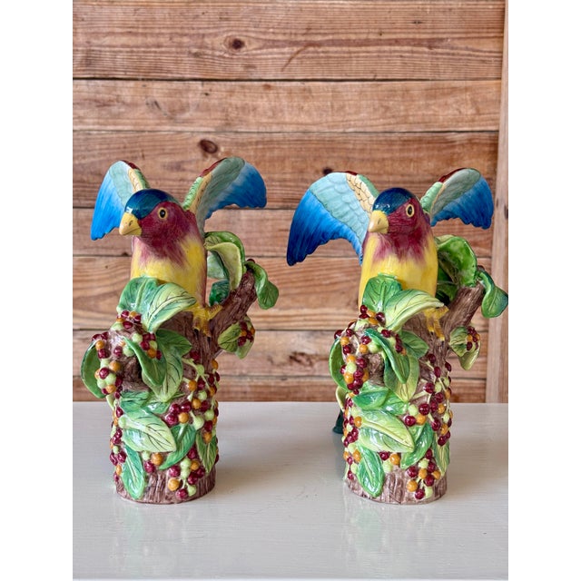 Green Vintage Sculptural Andrea by Sadek Hand-Painted Tropical Parrot Figurines – Pair For Sale - Image 8 of 12