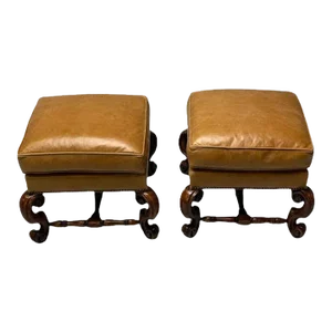 Georgian, Cabriole Leg Ottomans, Tan Leather, Wood, Usa, 2000s