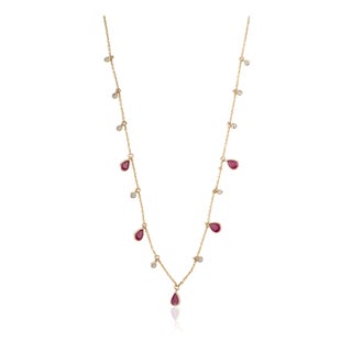 14k Yellow Gold Ruby Drop Station Necklace With Diamond Accents Layering Jewelry For Sale