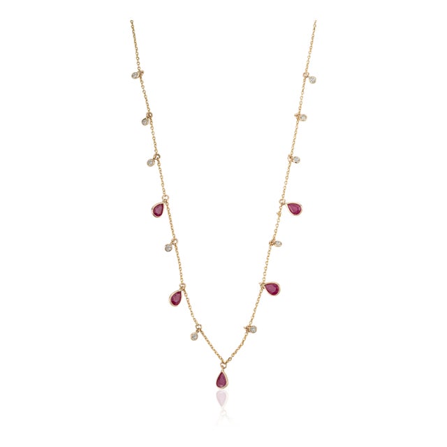 14k Yellow Gold Ruby Drop Station Necklace With Diamond Accents Layering Jewelry For Sale
