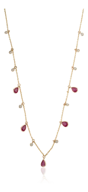14k Yellow Gold Ruby Drop Station Necklace With Diamond Accents Layering Jewelry