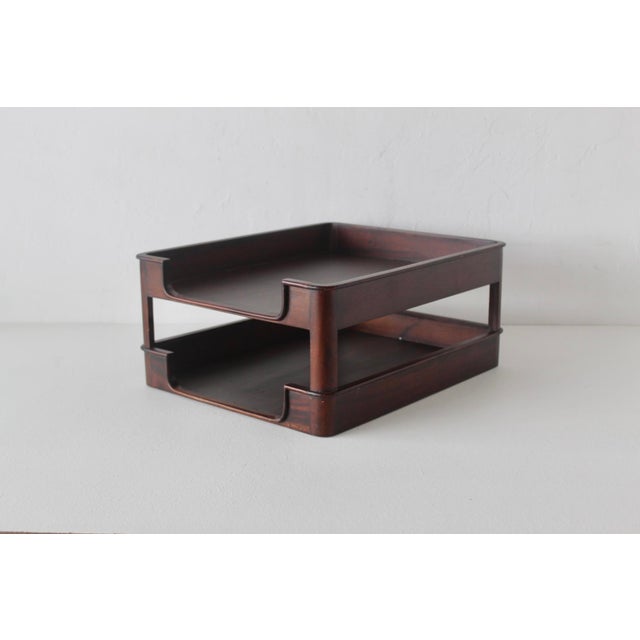 Vintage two-tier wooden desk letter tray featuring a rich dark wood grain and smooth, rounded cutouts. Beautifully...