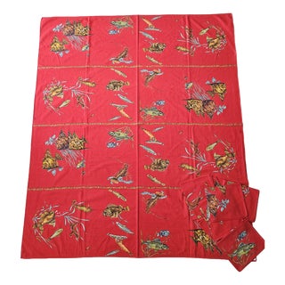 Vintage Marine Print Cotton Tablecloth and Napkins from Lintala, 1970s, Set of 9 For Sale