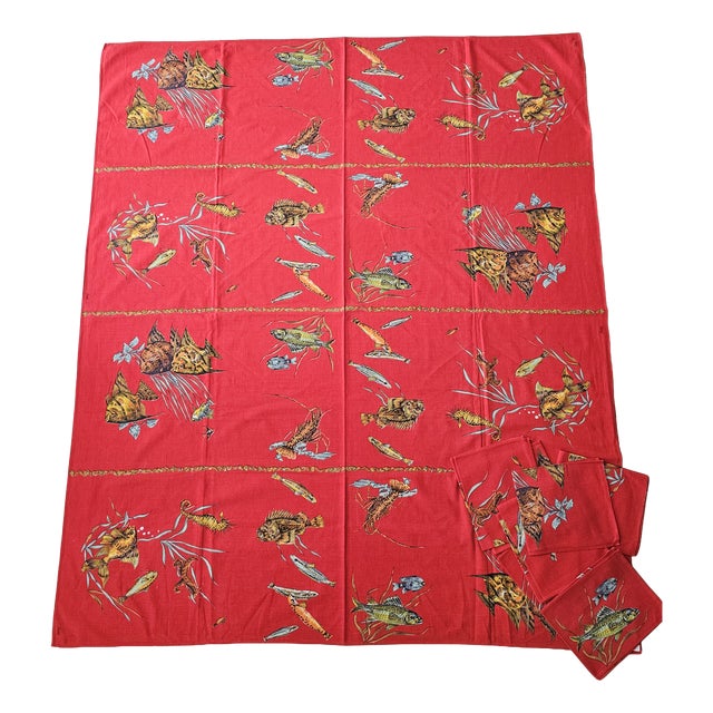 Vintage Marine Print Cotton Tablecloth and Napkins from Lintala, 1970s, Set of 9 For Sale