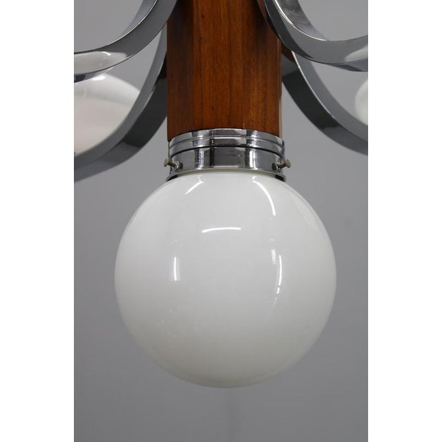 Art Deco Chrome and Walnut Chandelier with Milky Glass Shades, Former Czechoslovakia, 1930s For Sale - Image 9 of 15