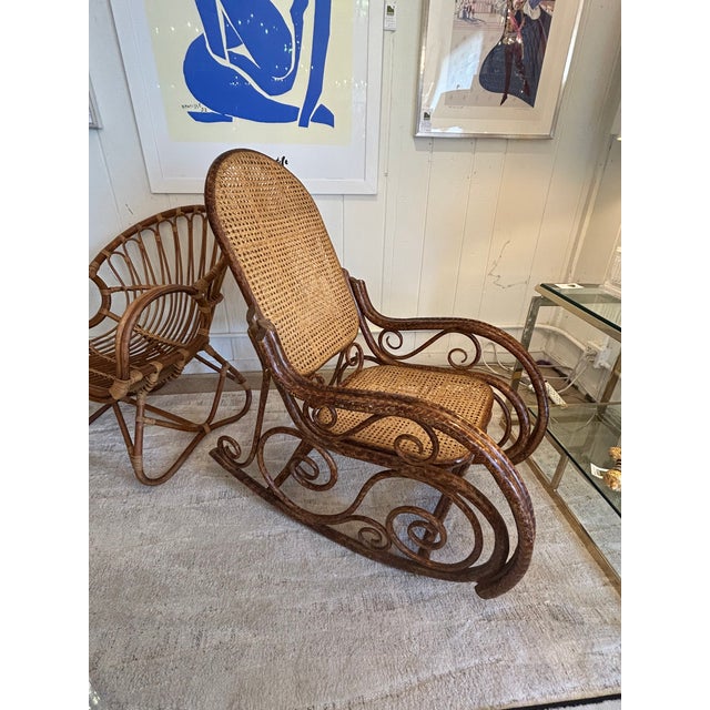 Wood Rattan and Double Caned Rocking Chair For Sale - Image 7 of 12