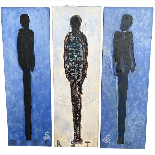 Blue Abstract 3 Panel Figurative Paintings by Artist Christopher Shoemaker, Signed, 36” X 38” For Sale - Image 8 of 8