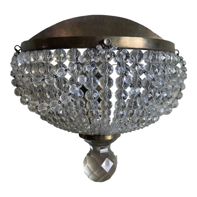 1910s Single Crystal Beaded/ Brass Crescent Shape Wall Sconce For Sale
