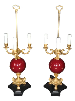 Pair of Fantastic French Empire Gilt Bronze and Porcelain Table Lamps Paw Feet