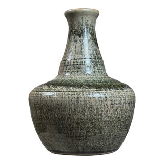 Vintage Mid Century Green Glazed Long Neck Ceramic Vase, Signed For Sale