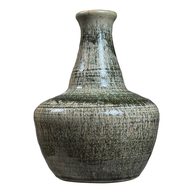 Vintage Mid Century Green Glazed Long Neck Ceramic Vase, Signed For Sale