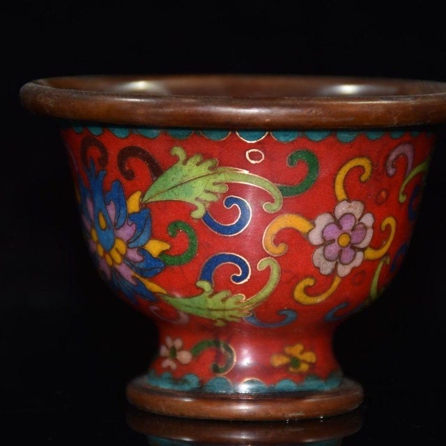 Cloisonne Enamel Stemmed Bowl, Copper Wire Inlaid Floral Pattern For Sale - Image 4 of 9