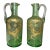 Pair Antique Hand Blown Czech Bohemian Green Gilded Gold Glass Ewer Cruet Vase For Sale