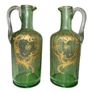 Pair Antique Hand Blown Czech Bohemian Green Gilded Gold Glass Ewer Cruet Vase