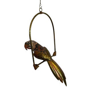 Vintage Sergio Bustamante Style Wood & Metal Parrot on Swing For Sale