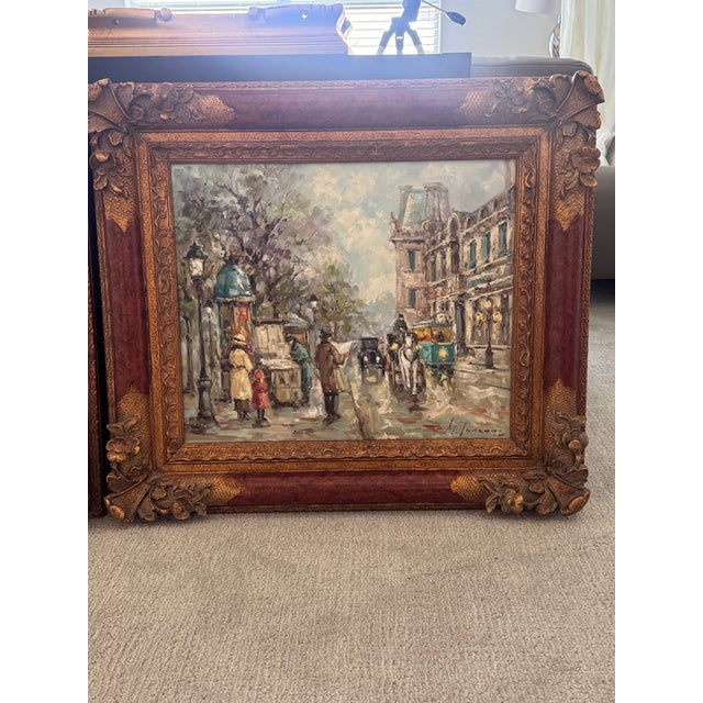 The School of Paris Mid 20th Century Pair of Ornately Framed M. Torrens Parisian Street Scene Oil Paintings For Sale - Image 3 of 12