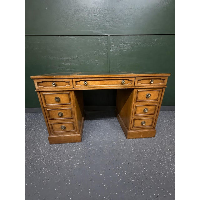 Mid-Century Modern Vintage 1960’s Drexel Triune Tooled Leather Top Desk For Sale - Image 3 of 10