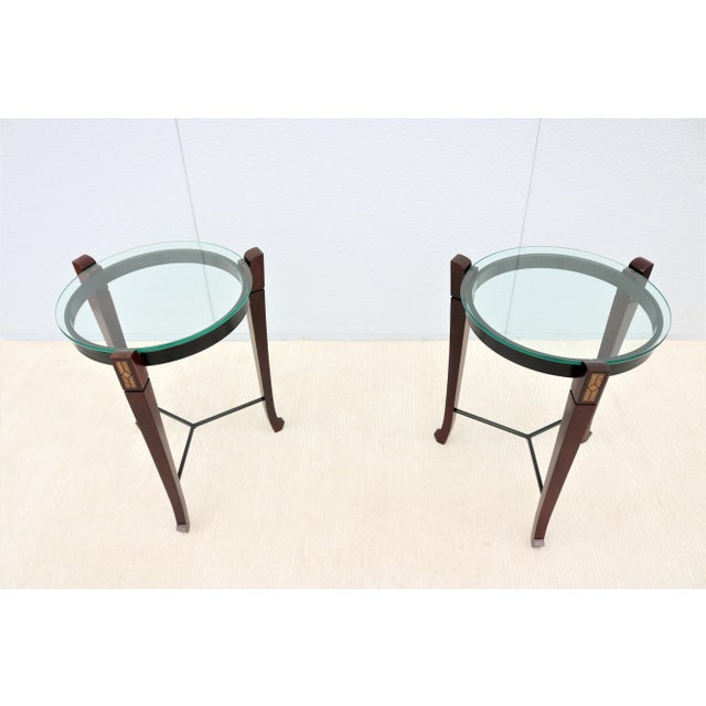 Contemporary Traditional Cherry Wood and Transparent Glass Round Side Tables - a Pair For Sale - Image 3 of 12