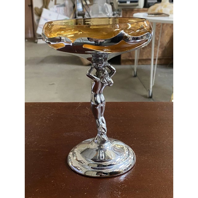 1930s Chrome Farberware Nude Women Art Deco Compote with Amber Glass Cup For Sale - Image 10 of 11