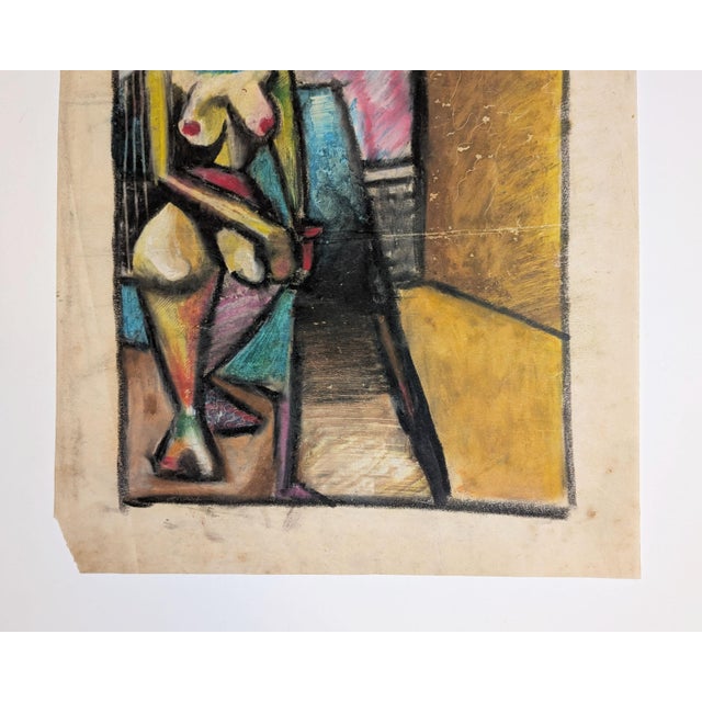 Original mid-century drawing, pastel on paper, depicting a seated female nude in a fractured cubist interior, estimated to...