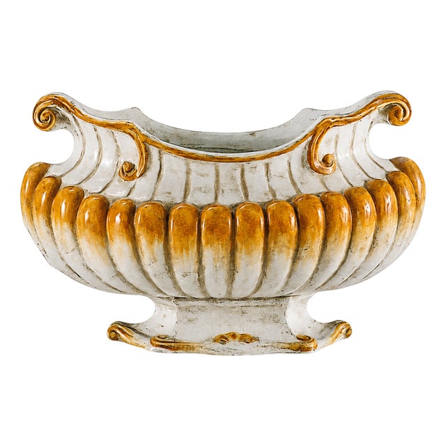 Italian Glazed Terracotta Planter With Ribbed Design For Sale