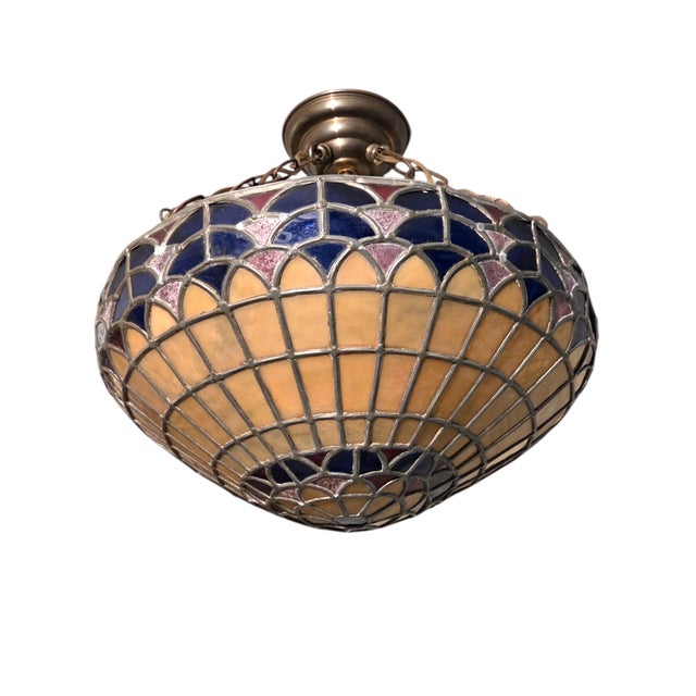 Vintage Colorful French Stained Glass Bowl/ Pendant Light Fixture For Sale - Image 14 of 18
