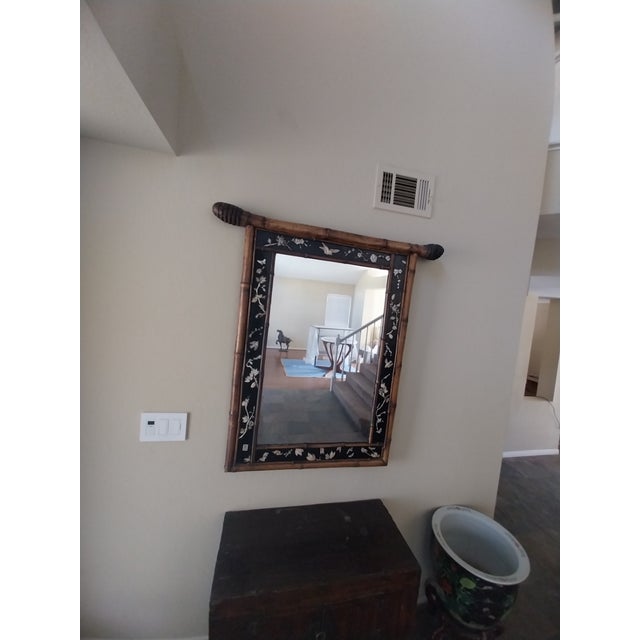Japanese Late 19th Century Large Japanese Shibayama-Style Black Lacquer Mirror With Faux-Bamboo Frame For Sale - Image 3 of 13