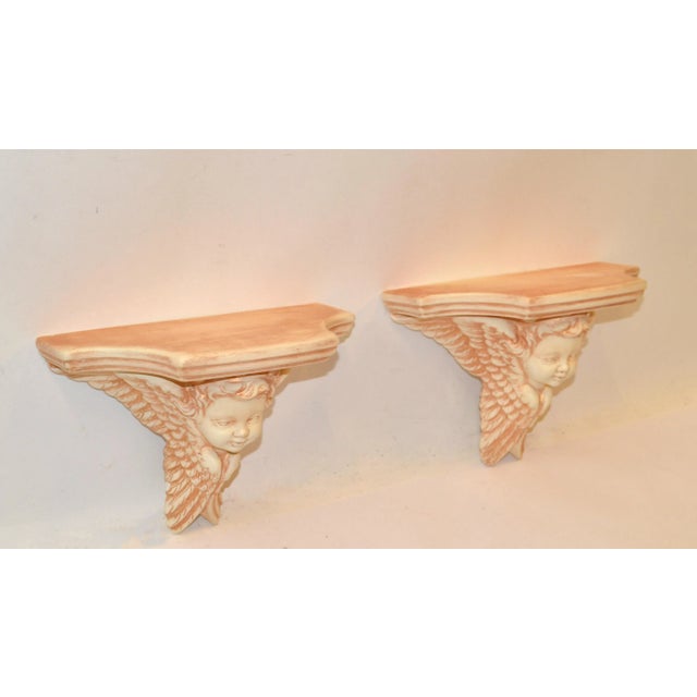 Victorian Pair of 1990s Ceramic Angel Head Wall Shelf Gold Bonze Cherub Gothic Baroque Victorian Décor For Sale - Image 3 of 12