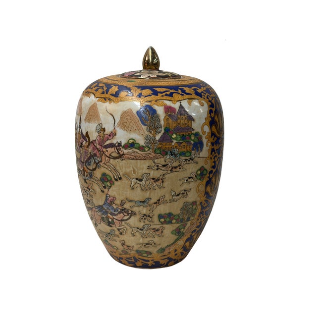 Ceramic Vintage Style Beige Blue Hunting Scene Graphic Porcelain Art Jar For Sale - Image 7 of 13