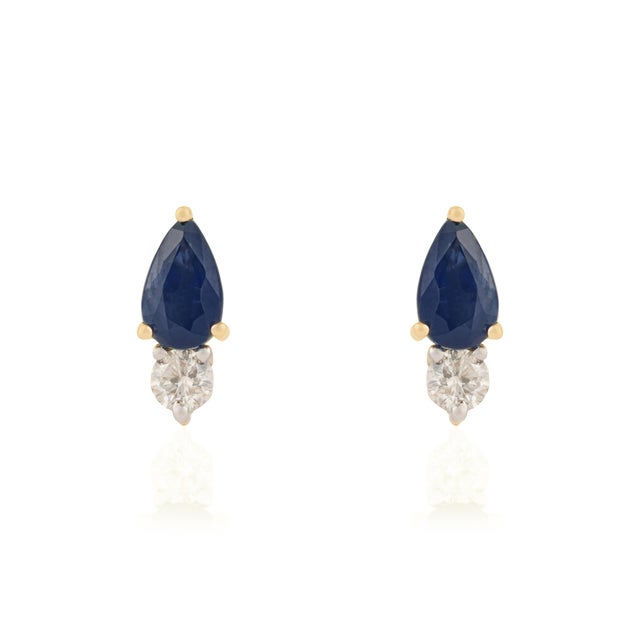 Contemporary Pear-Cut Blue Sapphire & Diamond Classic Earrings in 14k Solid Yellow Gold- A Pair For Sale - Image 3 of 11