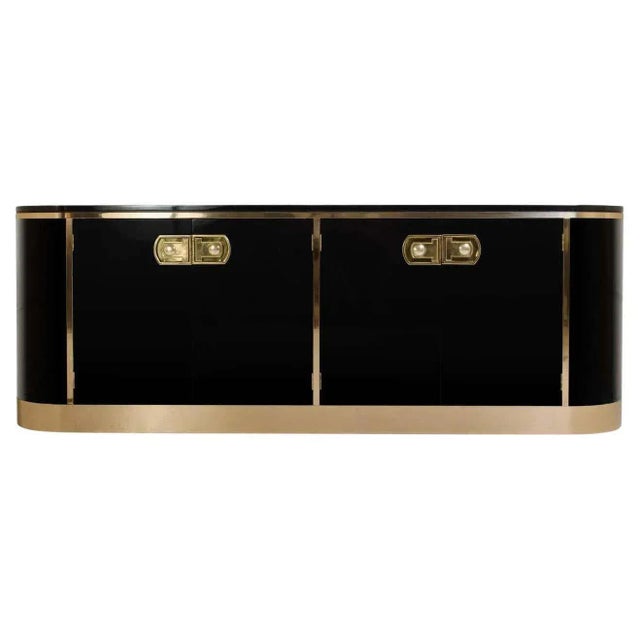 Black Black Lacquer & Polished Brass Sideboard/Credenza by Mastercraft For Sale - Image 8 of 8