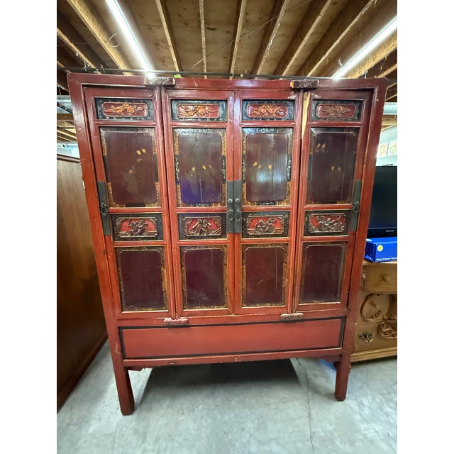 Early 20th Century Chinese Red-Lacquer Carved Wood Armoire With Hand painted Panels For Sale - Image 11 of 12