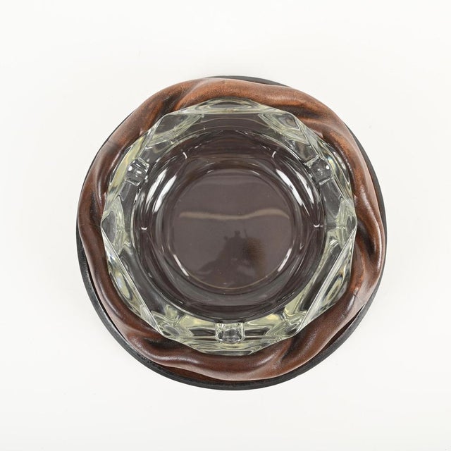 Glass Adnet Brown Curved Leather and Crystal Glass Ashtray, 1950s For Sale - Image 7 of 15