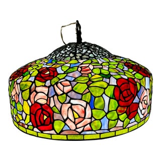 Vintage Tiffany Style Stained Glass Rose Bush Hanging Ceiling Lamp 21.5" Diameter For Sale
