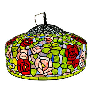 Vintage Tiffany Style Stained Glass Rose Bush Hanging Ceiling Lamp 21.5" Diameter