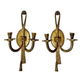 Mid 20th Century Solid Brass Rope & Tassel Wall Sconces for Candles- a Pair For Sale