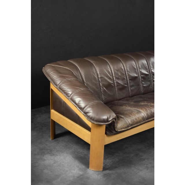 Wood Vintage Mid-Century Modern Danish Brown Leather 3-Seater Sofa, 1970s For Sale - Image 7 of 18