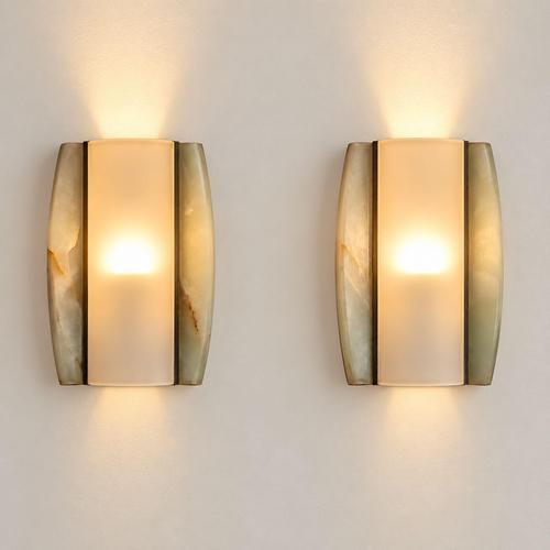 a pair of italian wall lamps from the late 1960s, crafted from natural onyx and opal glass. Each sconce features a curved...